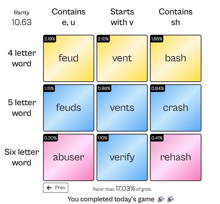 Completed WordGrid puzzle 